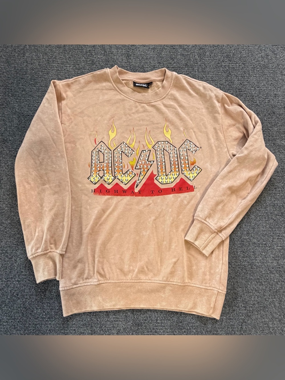 AC/DC Beige Crewneck Sweater with Studded Logo and Flame Graphic